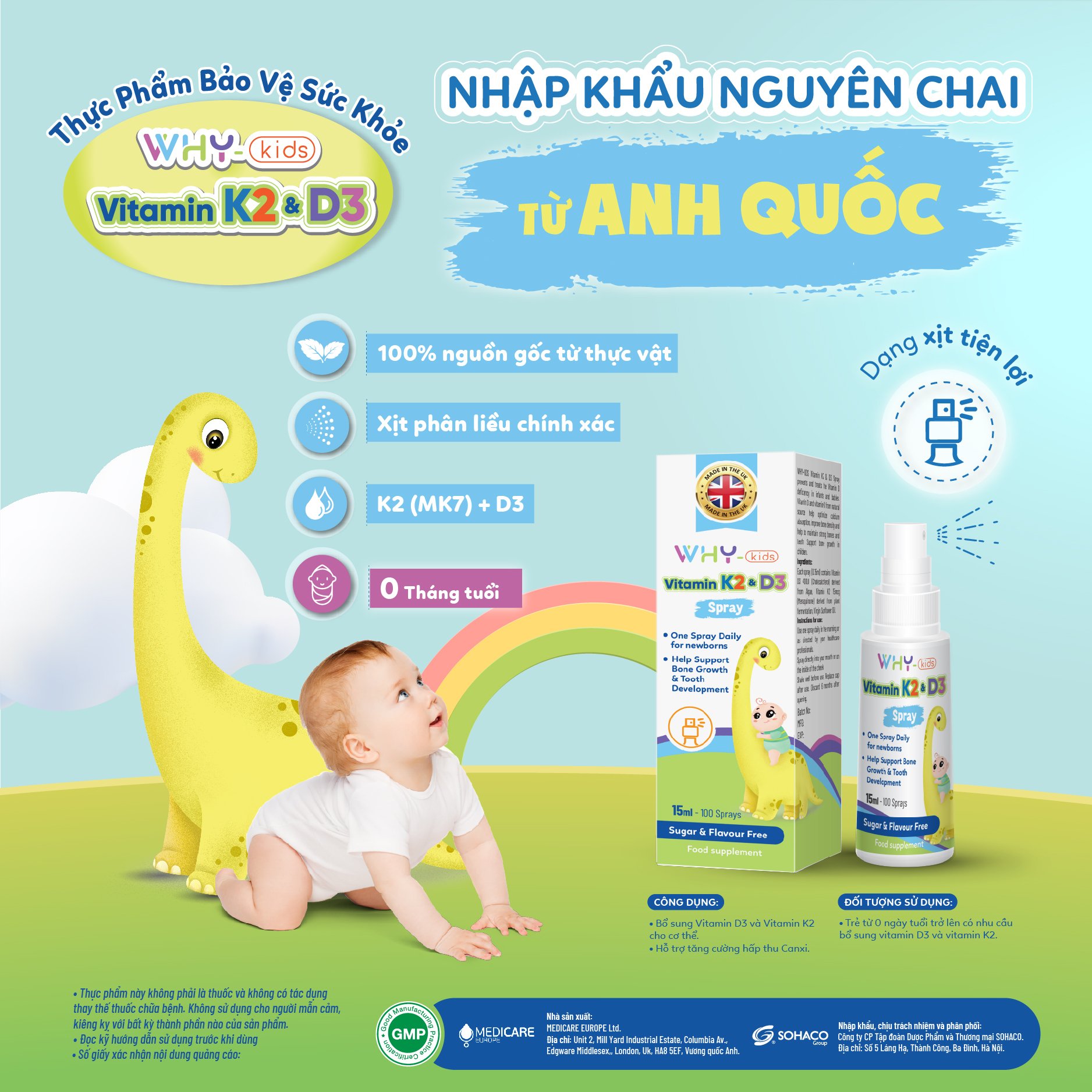 Why Kids Vitamin K2 &amp; D3 Spray 15ml - Hỗ Trợ Tăng Cường Hấp Thu Calci