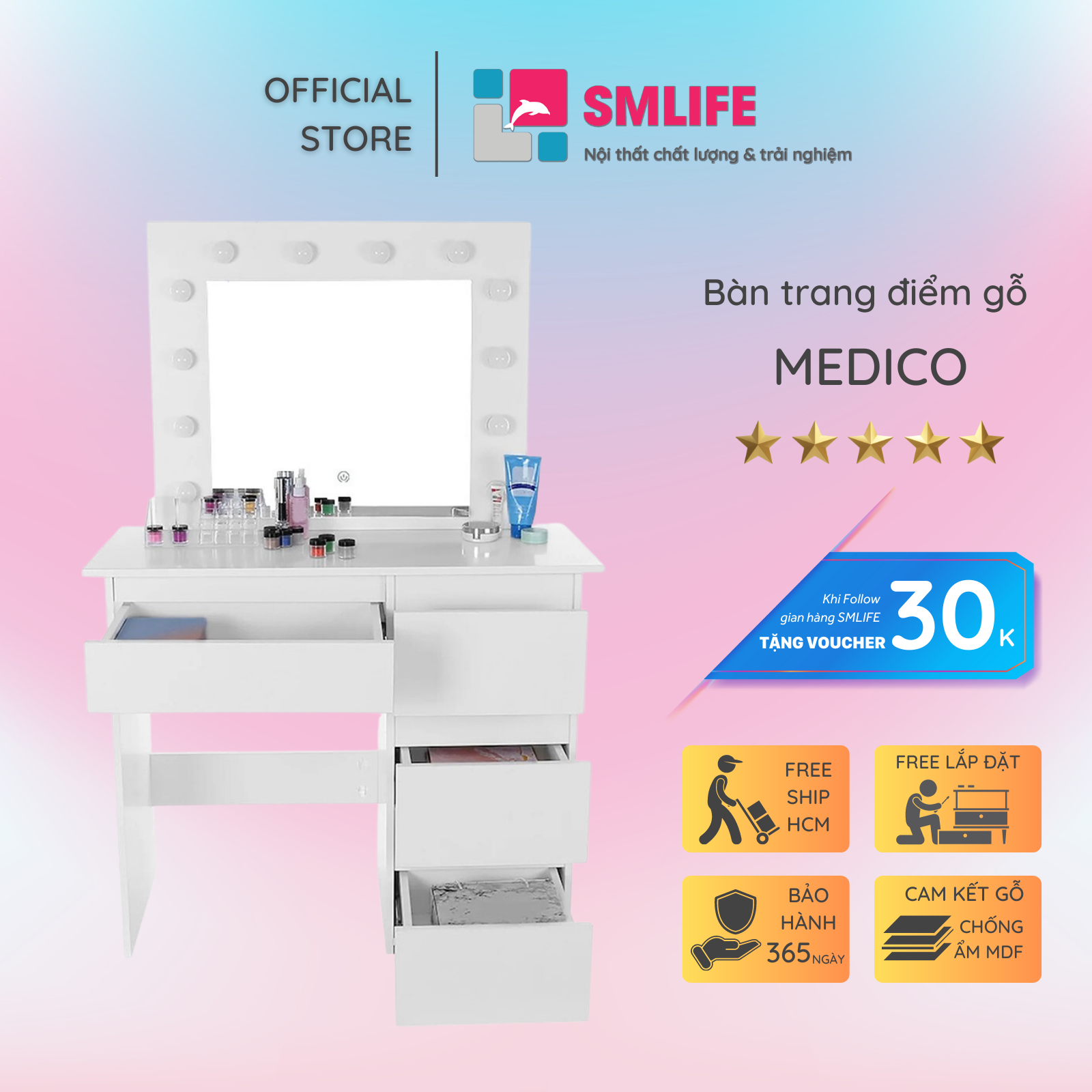 Bàn trang điểm gỗ hiện đại SMLIFE Medico | Gỗ MDF dày 17mm chống ẩm | D90xR45xC140cm