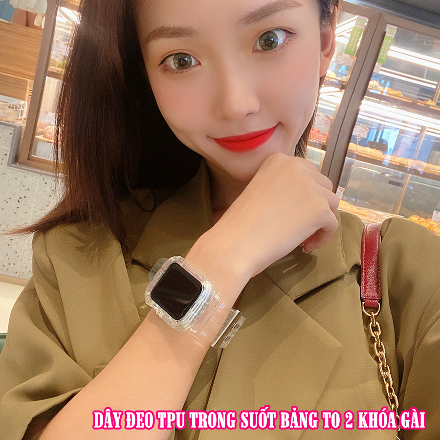 Dây đeo liền ốp dành cho Apple Watch 7/6/5/4/3/2/1 size 38/40/41/42/44/45mm TPU trong suốt bản to 2 khóa gài - nhiều màu (tặng cường lực dẻo theo size)