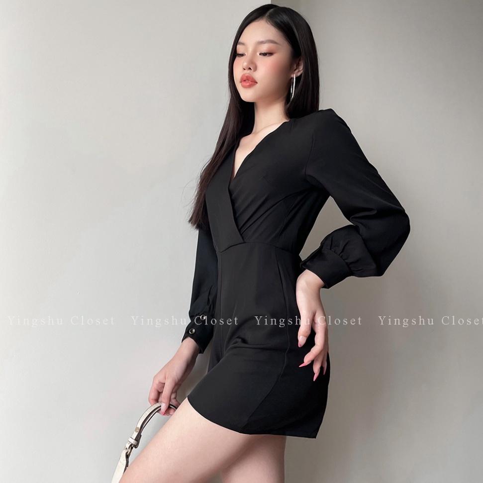Jumpsuit đùi ngắn hở lưng cotton tay dài đen cổ V ivy.fashion đi biển dự tiệc dạo phố bigsize gợi cảm sexy