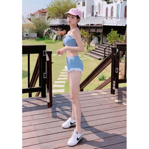 Bikini, đồ bơi 2 mảnh áo ống xanh dễ thương
