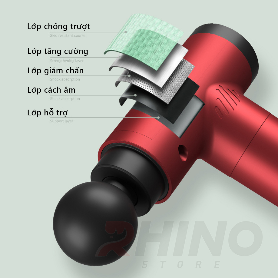 Máy massage cầm tay Rhino MG201 - 6 cấp độ, 4 đầu tiện dụng, pin sạc type C, hỗ trợ mát xa tại nhà, giảm đau, nhức mỏi cơ, cứng khớp - Hàng chính hãng