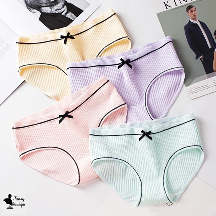 Quần lót nữ cotton gân tăm viền đen phối nơ xinh