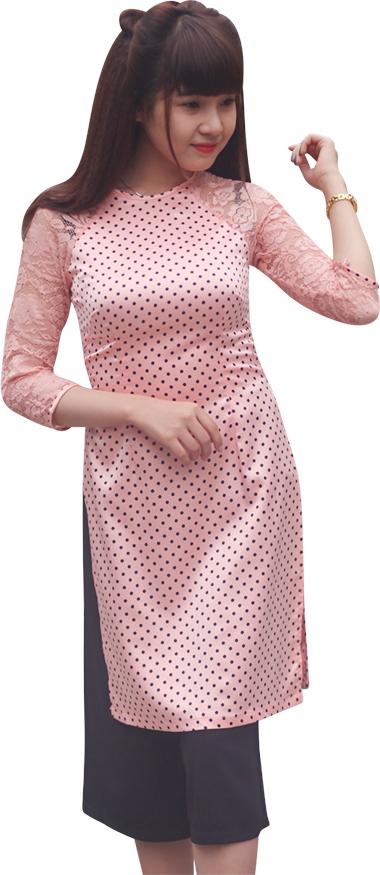 Combo 2 Áo Dài Lụa Chấm Bi FATRALY - Hồng + Ví Cầm Tay