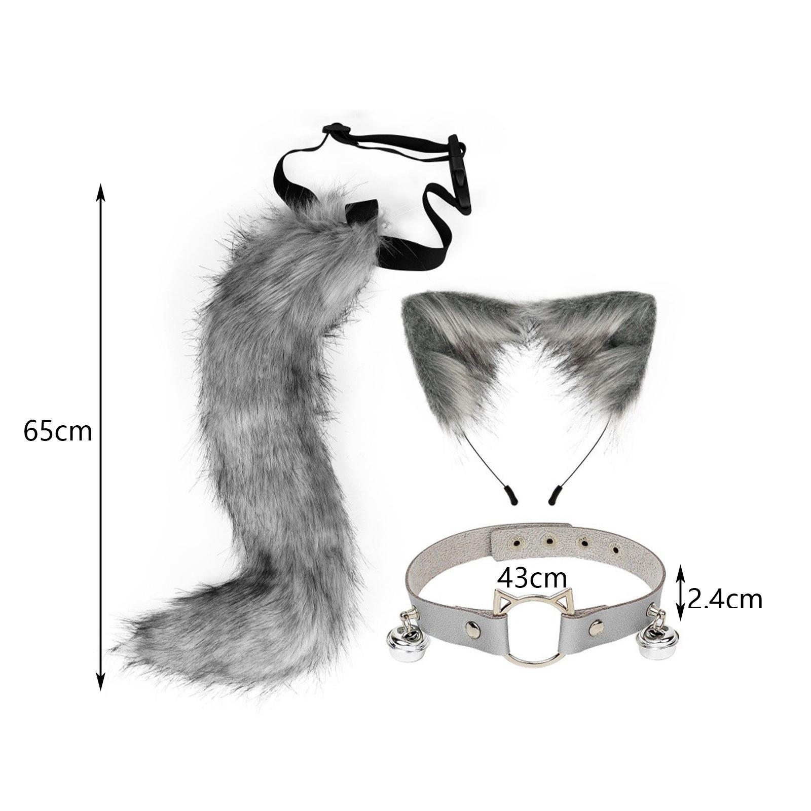 Ears and Long Tail Set Faux Plush Hair Hoop for Halloween Christmas Carnival