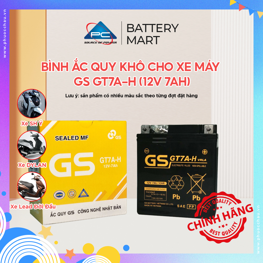 Bình Ắc Quy Khô Hiệu GS cho xe máy Honda SH Ý, DYLAN, @, PS, Lead cũ, Vespa mới, Piaggio ZIP, 12V-7Ah