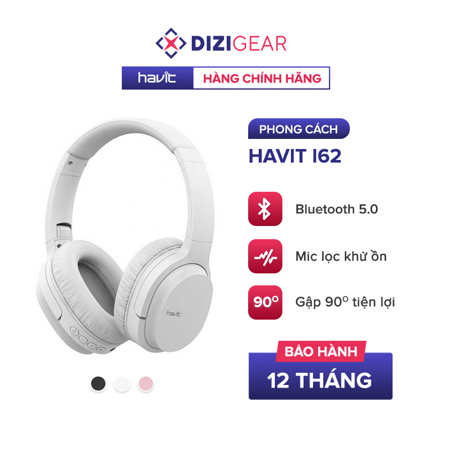 Tai Nghe Bluetooth Headphone HAVIT i62, Driver 40mm, Bluetooth 5.0, Nghe Đến 8H, Gập Gọn 90 - Hàng Chính Hãng (Trắng)