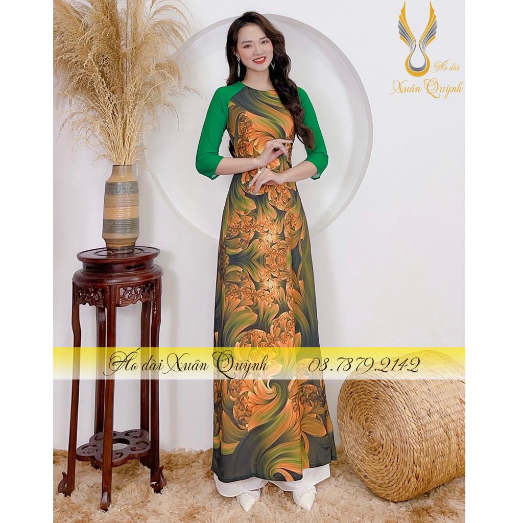 Áo Dài Họa Tiết Sóng Cuốn Trẻ Trung, Thanh Lịch Lụa Habutai Cao Cấp Mã K95