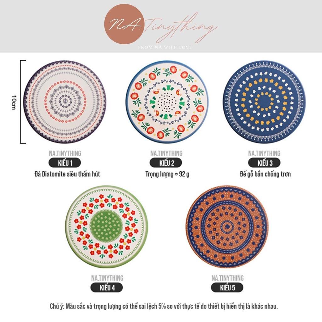 Miếng lót ly, đế lót cốc làm bằng đá thấm hút nước hoạ tiết Boho Vintage phong cách Hàn Quốc NA0061