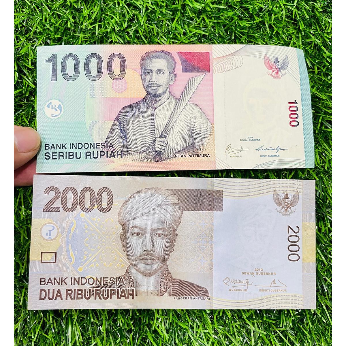 Combo 2 tờ tiền Indonesia 1000 2000 Rupiah xưa, tiền cổ Đông Nam Á, mới 100% UNC, tặng phơi nilon bảo quản