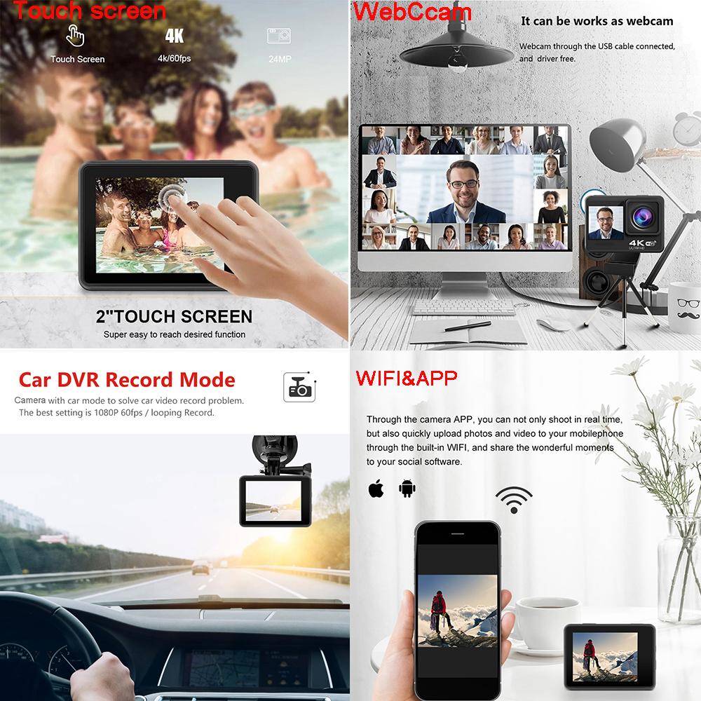 G9pro Camera Hành Động 4K 60FPS 24MP EIS 2.0 Màn Hình LCD Cảm Ứng Kép WiFi Điều Khiển Từ Xa Chống Nước Zoom 4X Đi Camera Thể Thao Pro
