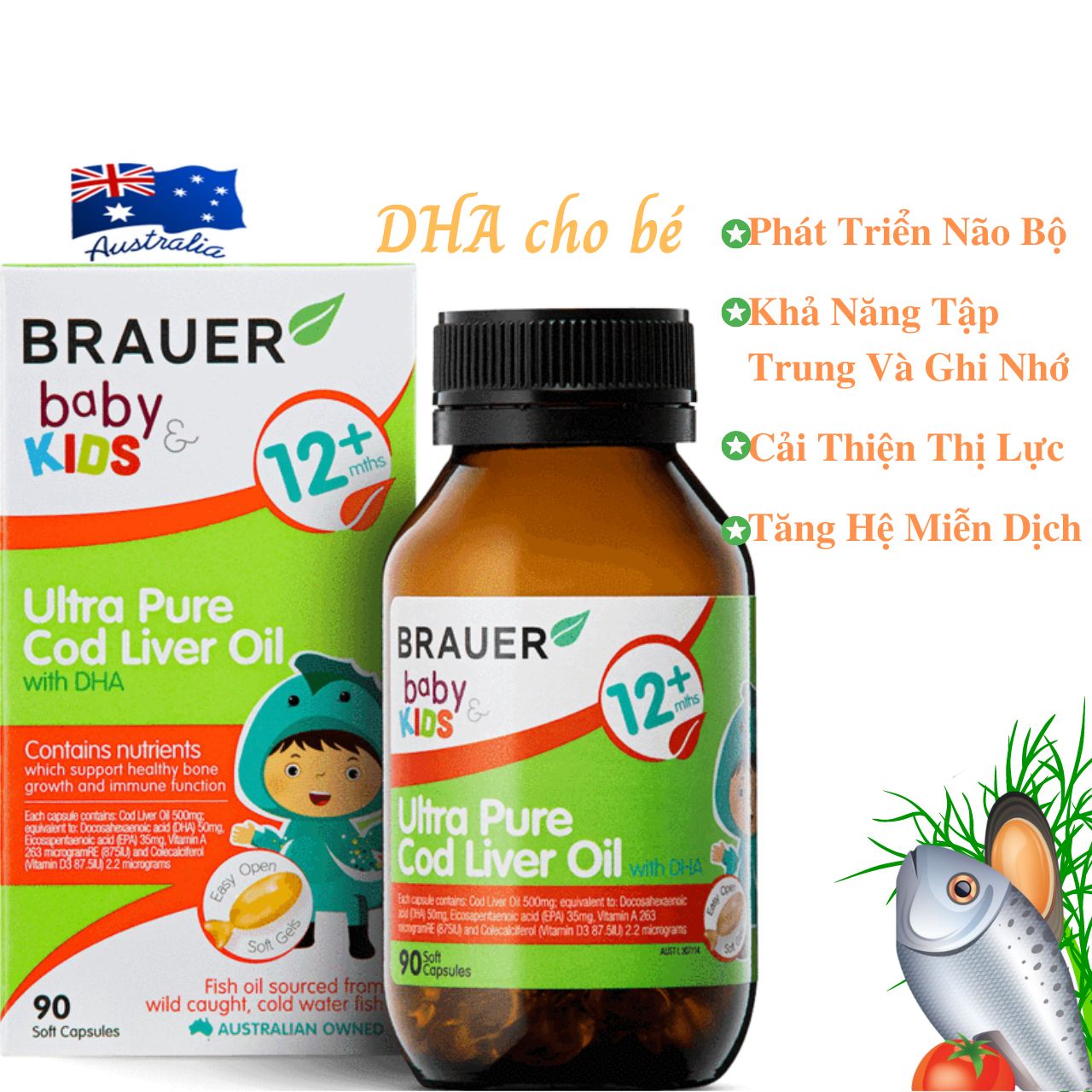 DHA Cho Bé Brauer Ultra Pure Cod Liver Oil NK Úc Giúp Phát Triển Não Bộ, Hỗ Trợ Khả Năng Tập Trung, Nhận Thức Và Ghi Nhớ, Cải Thiện Thị Lực, Chống Mỏi Mắt, Khô Mắt, Tăng Hệ Miễn Dịch – Chai 90 viên nang