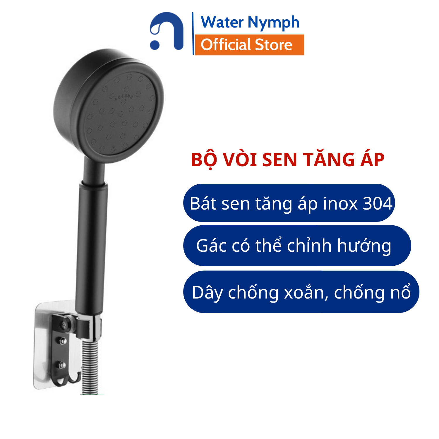 Bộ vòi sen tăng áp, vòi sen tắm Waternymph inox 304, dán tường tiện lợi