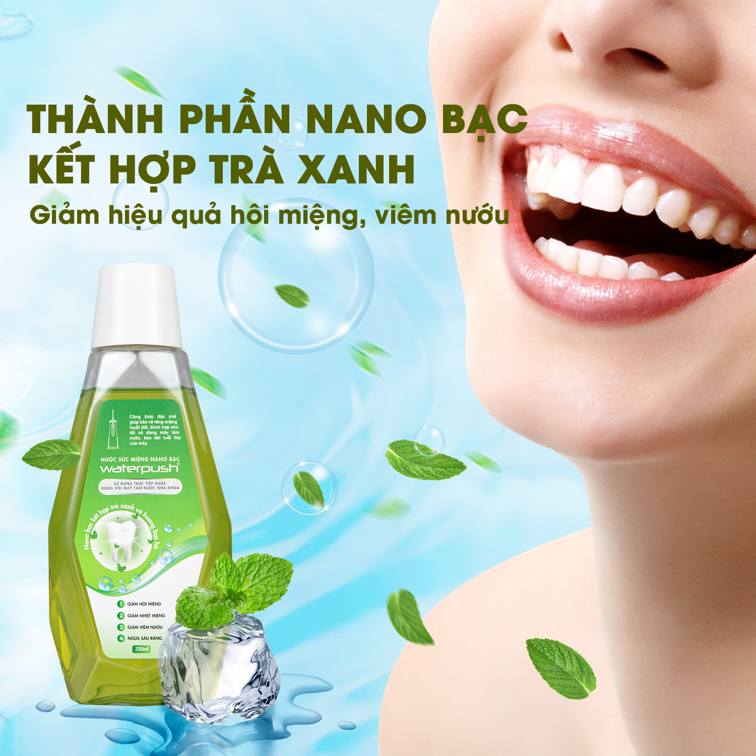 Nước súc miệng WaterPush Nano Bạc giúp trắng răng, giảm nhiệt miệng, hơi thở thơm mát