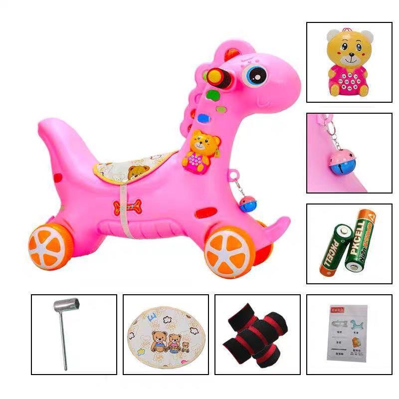 Ngựa bập bênh PONY cho bé đa năng có bánh kiêm xe chòi chân có nhạc (Xanh-Hồng)