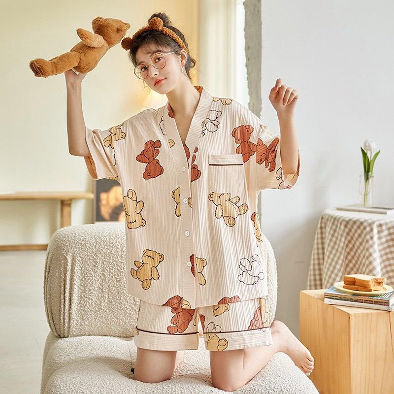 Bộ Ngủ Cộc Tay Quần Sooc Cotton- Đồ Ngủ Cổ V Cài Khuy Mềm Mại Hàng Loại Đẹp