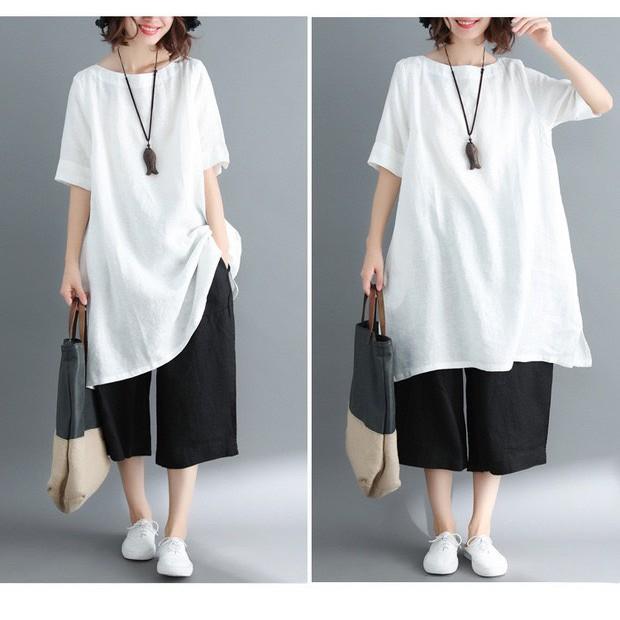 Đầm suông linen cổ tròn tay lỡ Basic, thời trang hè thu 2021