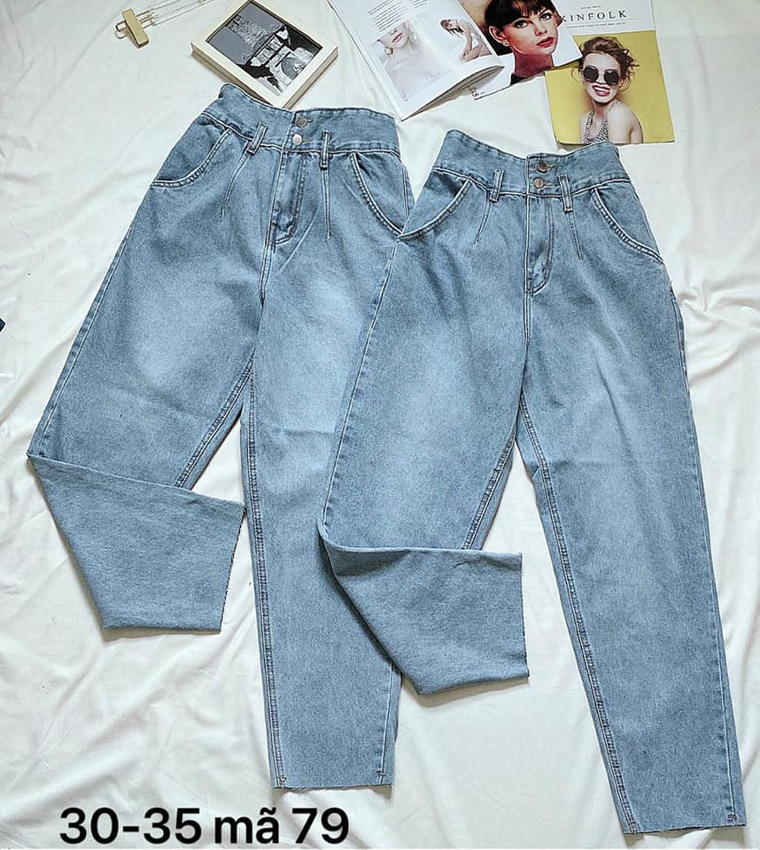 Quần baggy jean nữ lưng cao, size đại, lưng bản to phối 2 nút