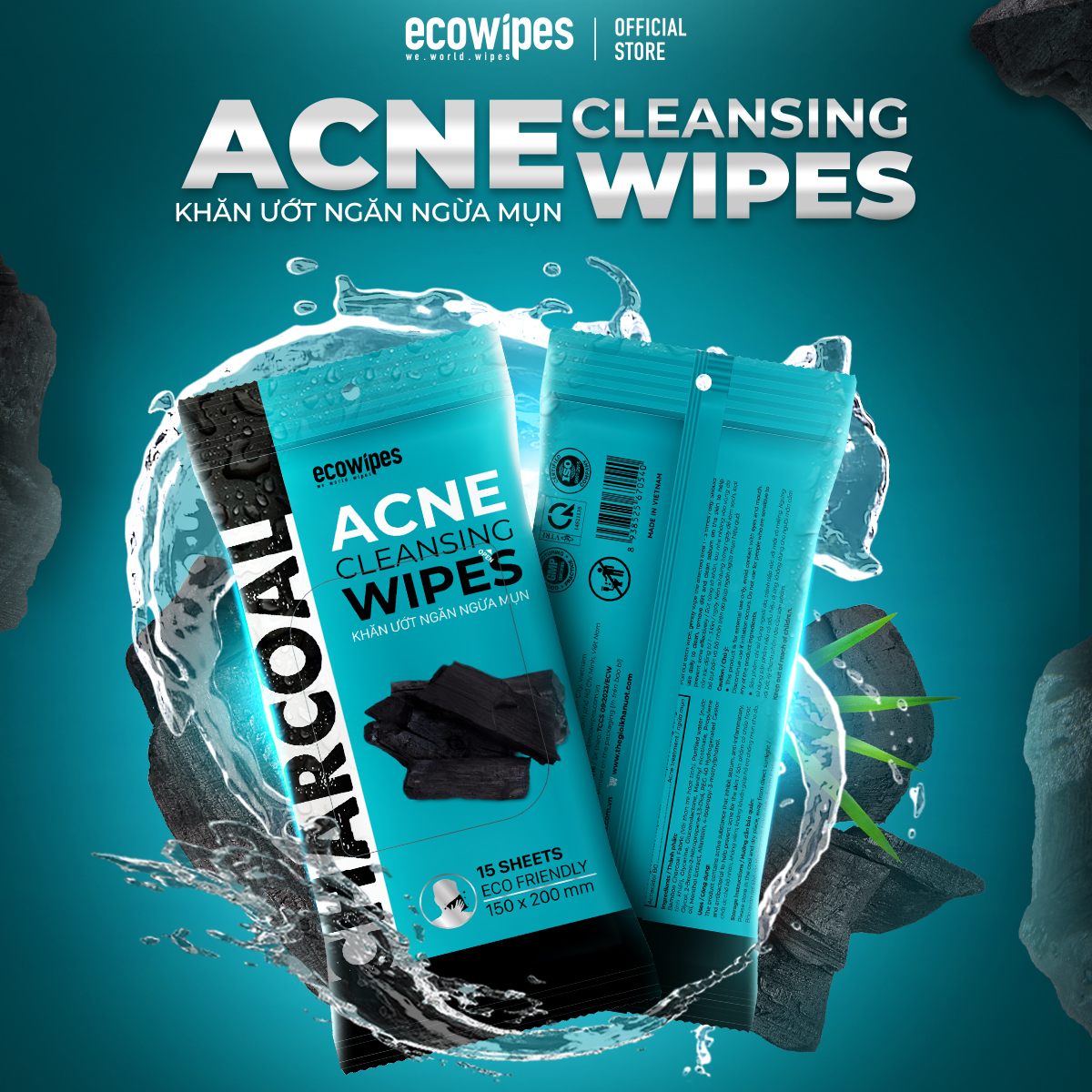 Hộp 02 gói khăn giấy ướt ngừa mụn than hoạt tính Charcoal Anti Acne Cleansing Wipes gói 15 tờ an toàn cho da