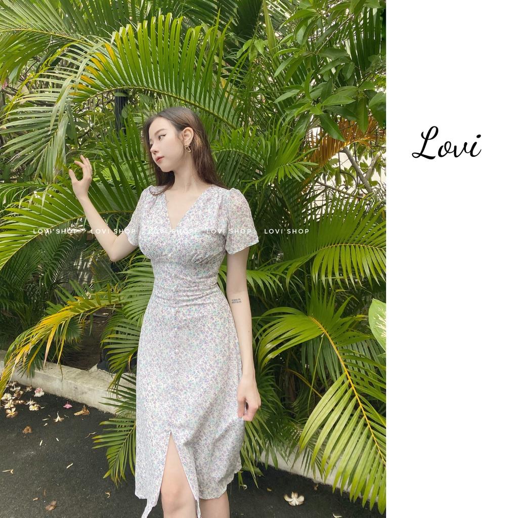Váy đầm voan hoa nhí thiết kế nút ngọc cổ V phong cách thiểu thư vintage Lovi
