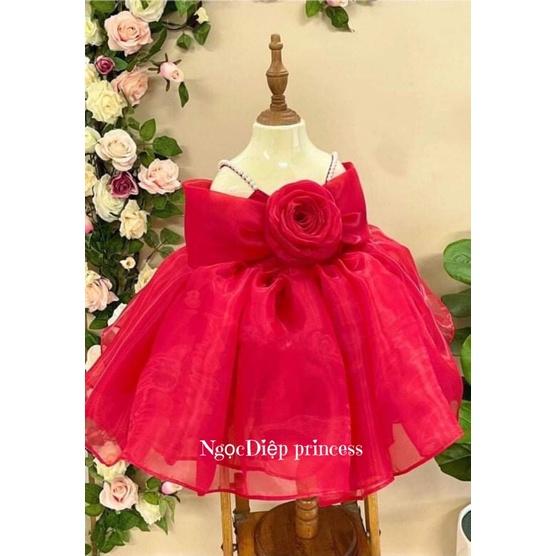 Đầm công chúa bé gái,váy công chúa hoa hồng 2 dây đính hạt tặng kèm bờm (Ms:D001)
