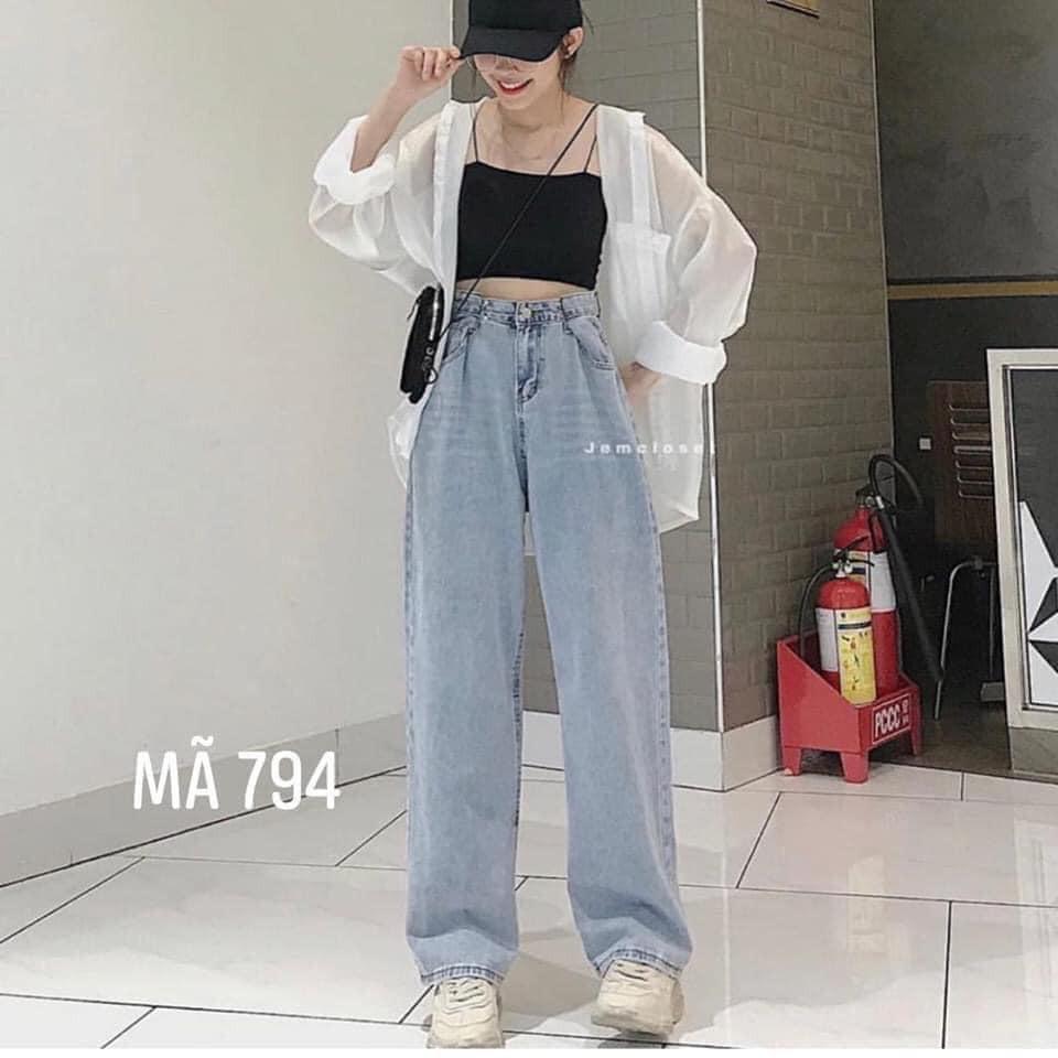 Quần bò ống rộng cạp khuy, quần jeans xuông