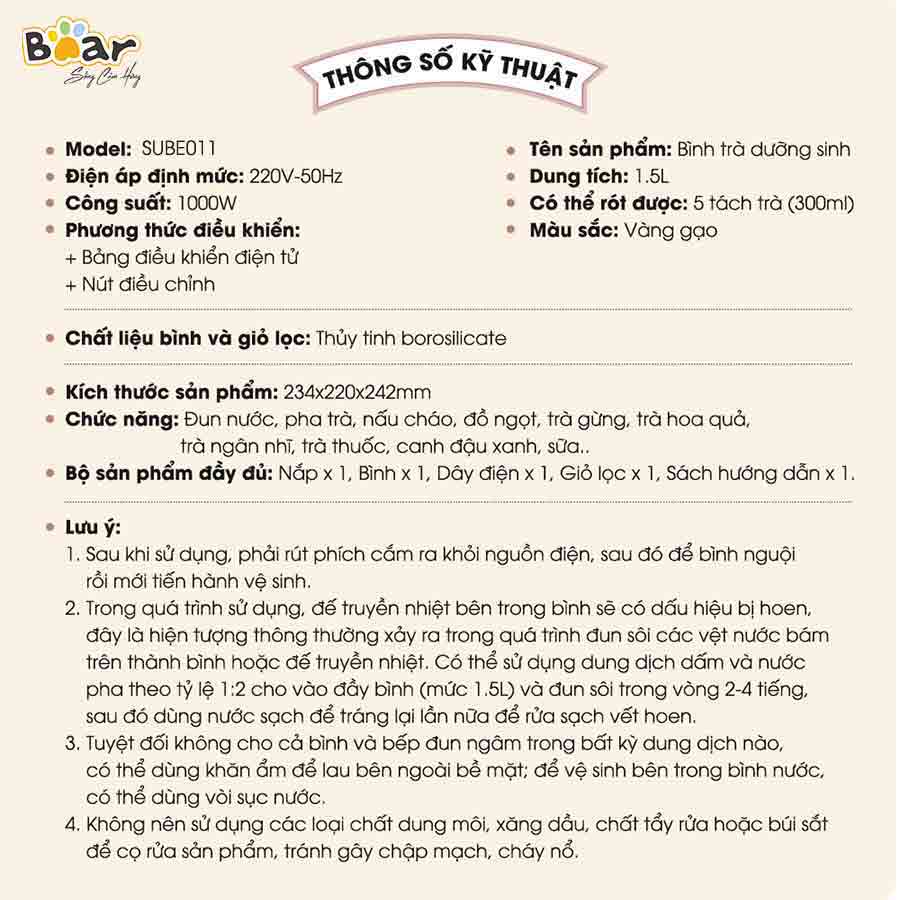 CHÍNH HÃNG BEAR VIỆT NAM  Máy Pha Trà Bear SUBE011 (YSH-C15Q5) Pha trà, đun nấu đa năng. Dùng cho gia đình, văn phòng. Bảo hành 18 tháng