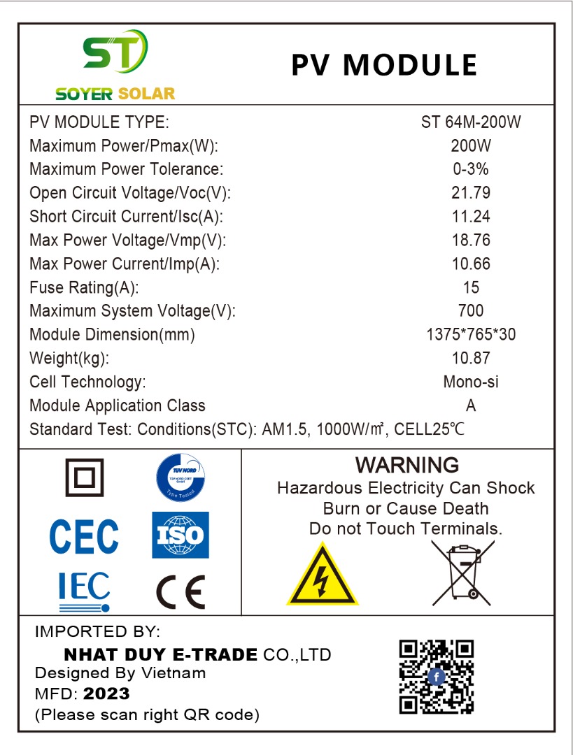 TẤM PIN 200W MONO SOYER SOLAR HÃNG CÔNG NGHỆ MỚI 11 BUSBARS ( TẶNG 1 BỘ JACK MC4)