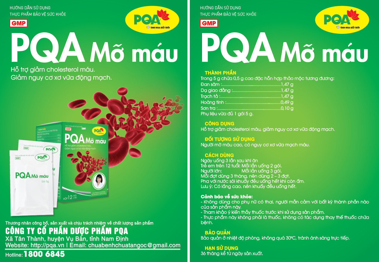 PQA Mỡ Máu là dược phẩm thảo dược có tác dụng tư âm, mát huyết, hỗ trợ ngăn ngừa mỡ máu, hạn chế Cholesterol toàn phần, hỗ trợ ngăn ngừa xơ vữa mạch máu.