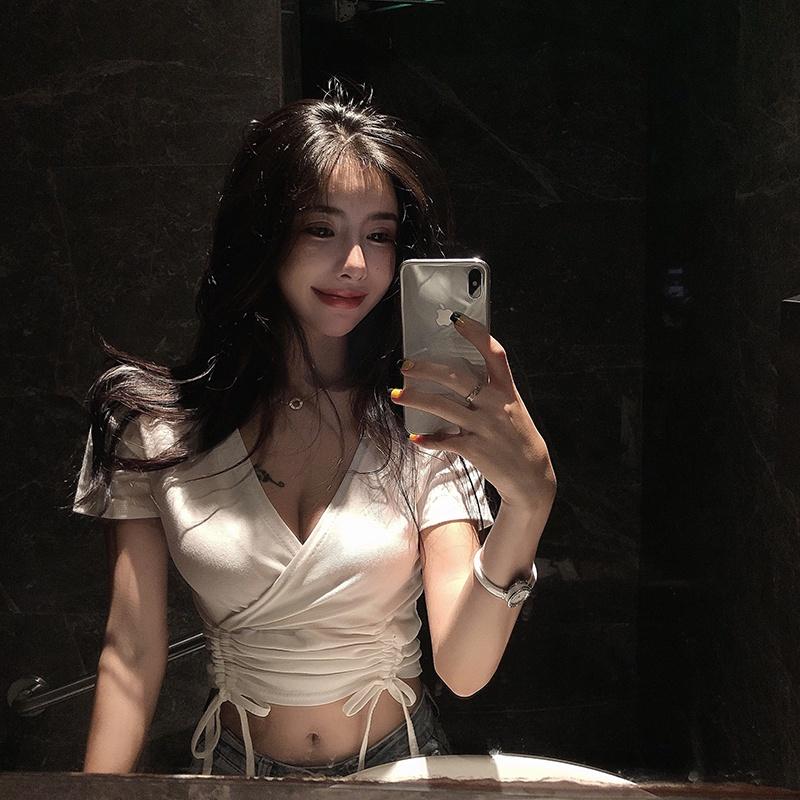 Áo Croptop Nữ Cổ V Dây Rút Eo Cộc Tay Dáng Ngắn Borip Gân