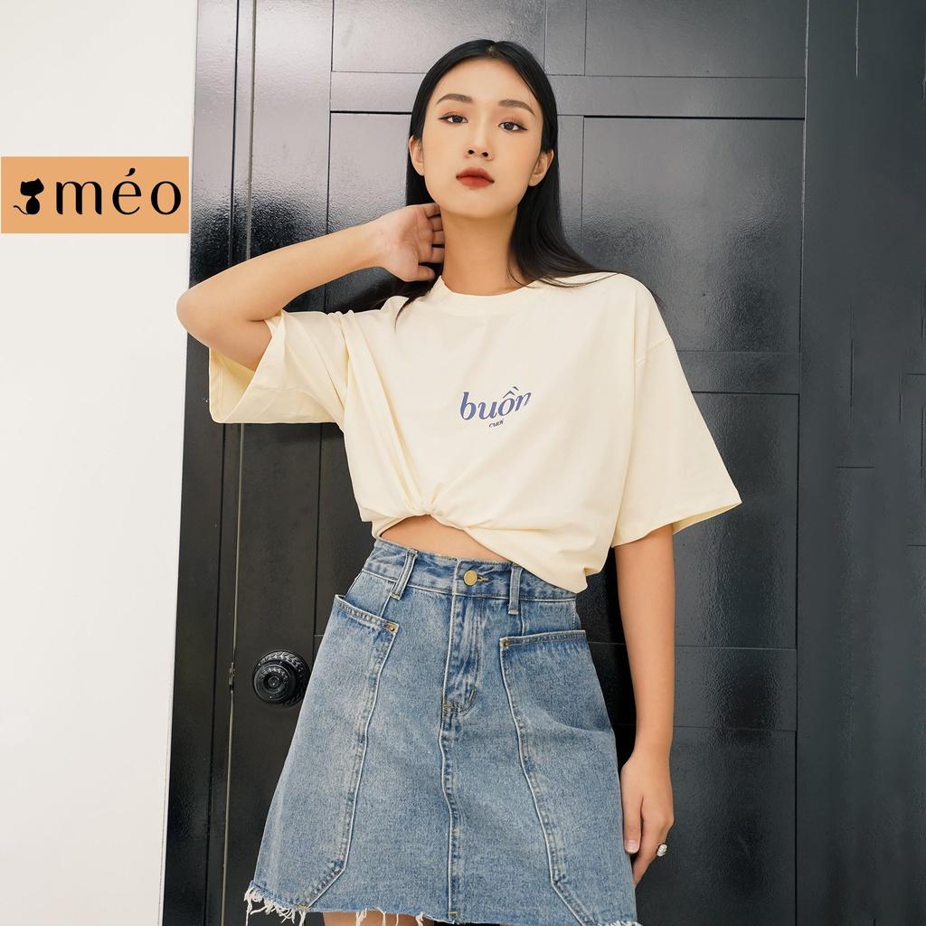 Áo thun tay lỡ Méo shop cổ tròn cotton in chữ Buồn Cười freesize form rộng