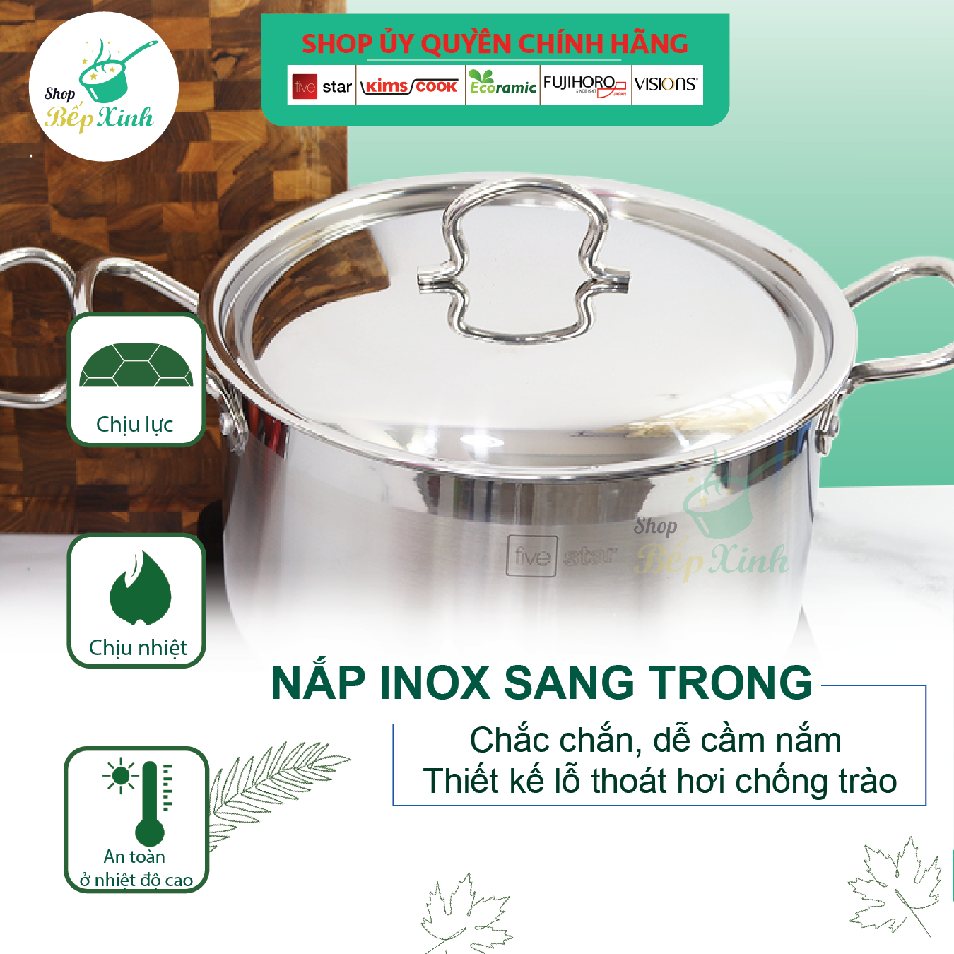 Nồi luộc gà inox 430 Fivestar N28-3D nắp inox , tặng 2 muỗng canh, 3 đáy bếp từ , gas, hồng ngoại
