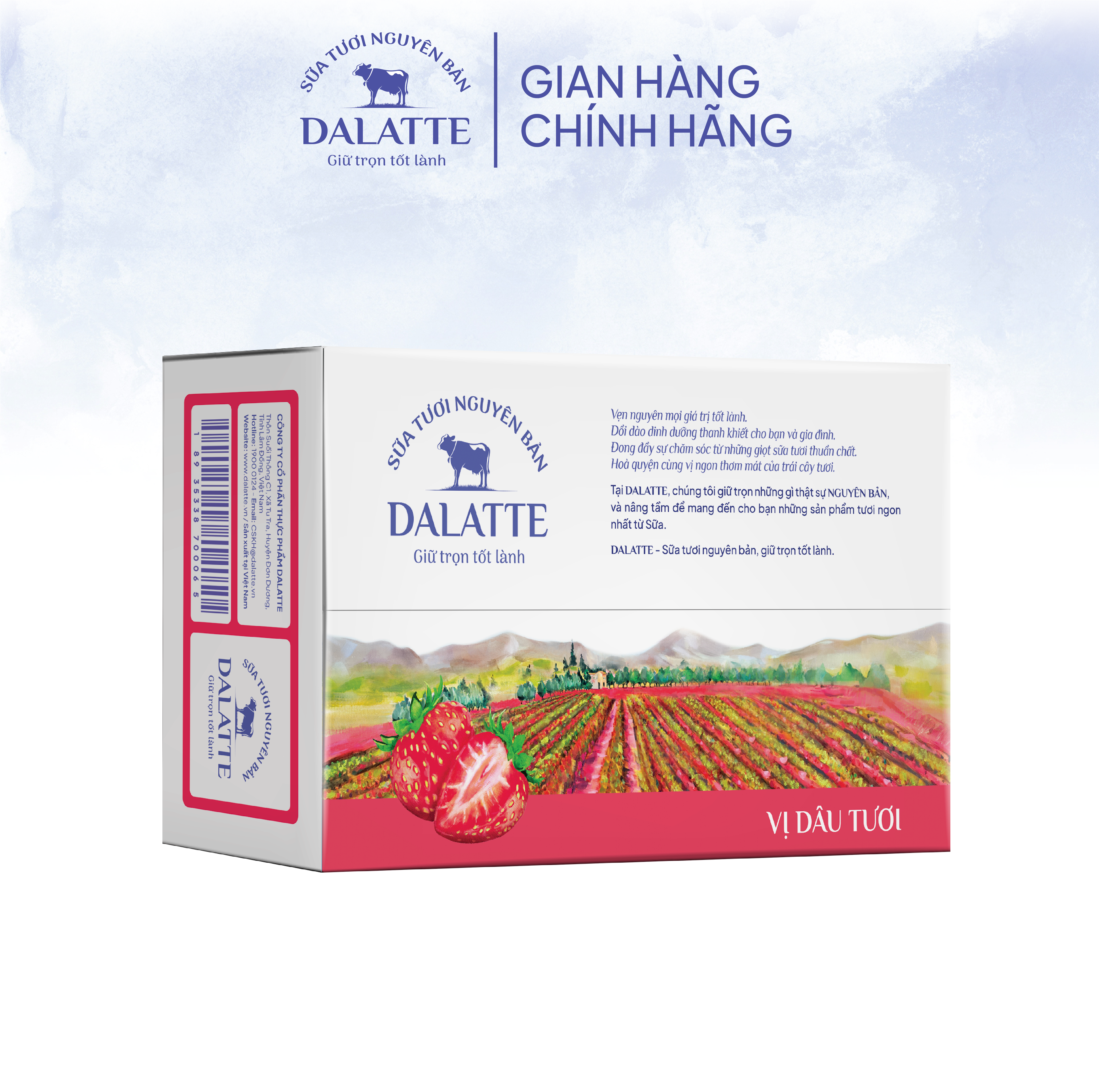 Thùng 48 hộp DALATTE 170ml SỮA TƯƠI NGUYÊN BẢN tiệt trùng - Vị dâu tươi - 48 hộp Giữ trọn nguyên bản, trao trọn tốt lành