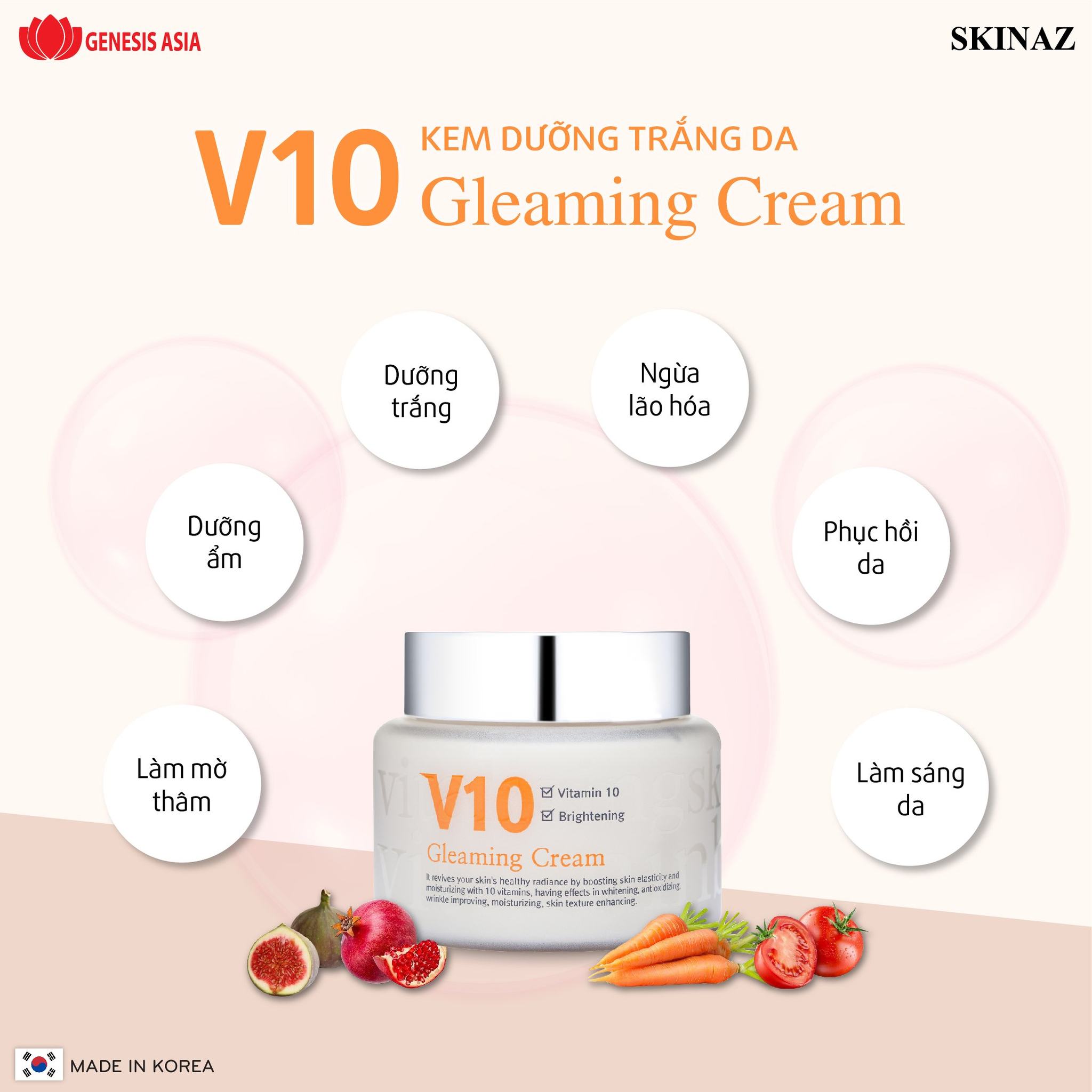 Kem Dưỡng Trắng Da V10 Skinaz Hàn Quốc