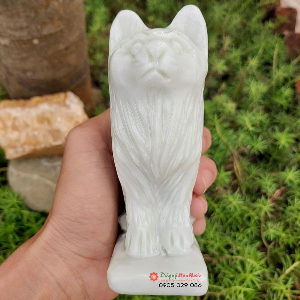 Tượng mèo đá tuổi mão 12 con giáp phong thủy đá trắng xanh 12cm đá Non Nước