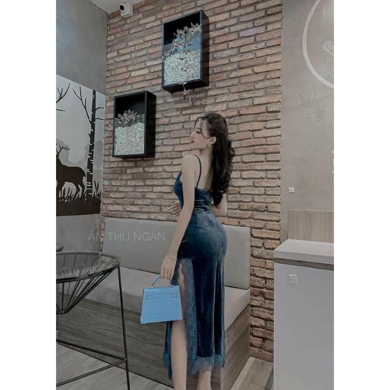 Đầm maxi 2 dây nhung viền ren