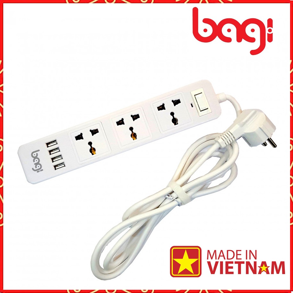 Ổ Cắm Điện Đa Năng Bagi 3 Ổ Điện + 4 Cổng USB
