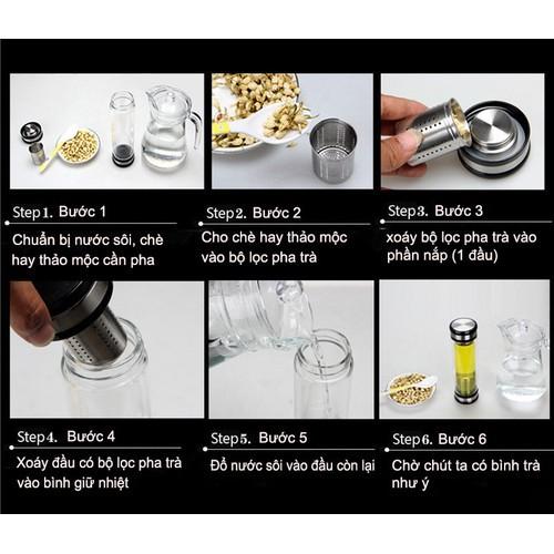 Bình thủy tinh 2 lớp 2 đầu kèm bộ lọc pha trà inox 304-420ml