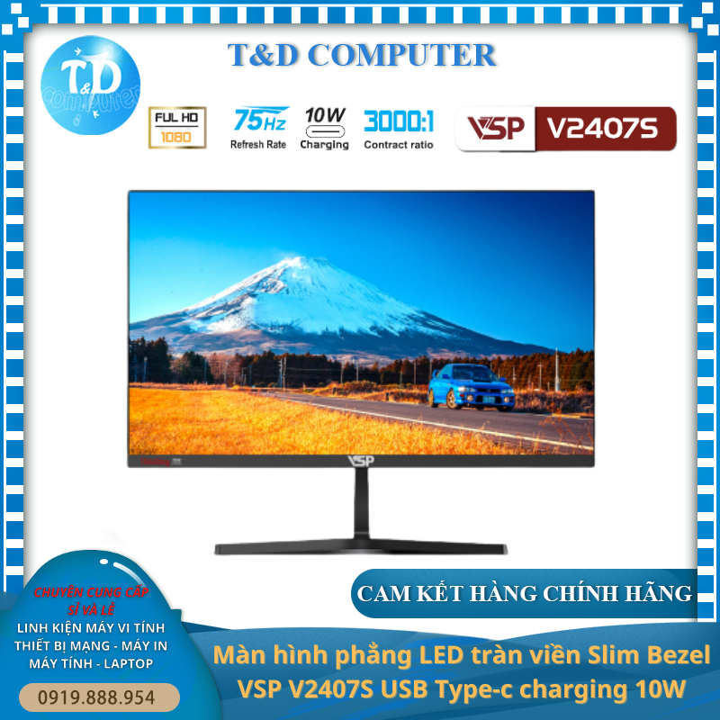 Màn hình VSP V2407S 24inch (23.8&quot; FHD VA 75Hz, HDMI+VGA+TypeC+Audio 3.5) - Hàng chính hãng TECH VISION phân phối