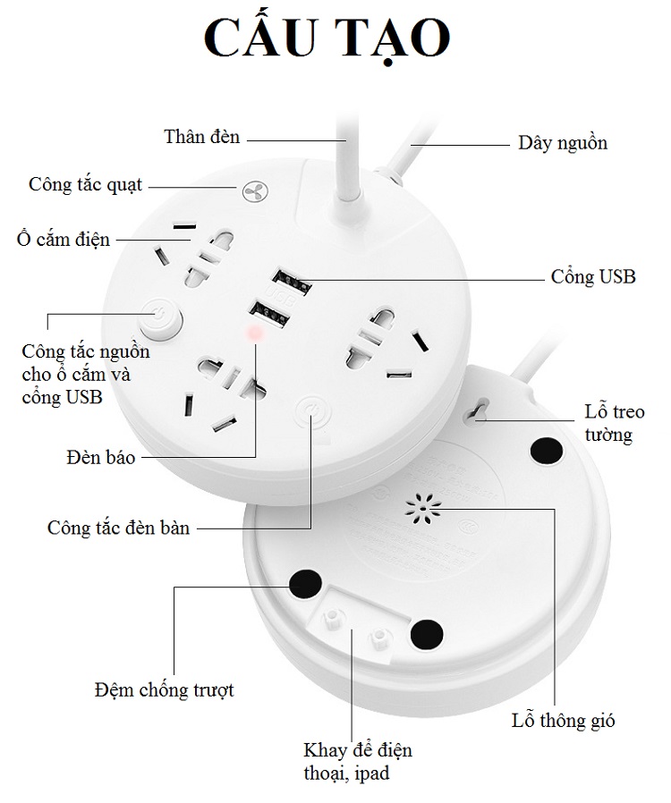 Ổ cắm trống sét đa năng ĐT-20 Tích hợp 3 ổ cắm điện + 2 cổng USB; có khay để điện thoại, máy tính bảng (tặng kèm 3 miếng dán siêu chắc)