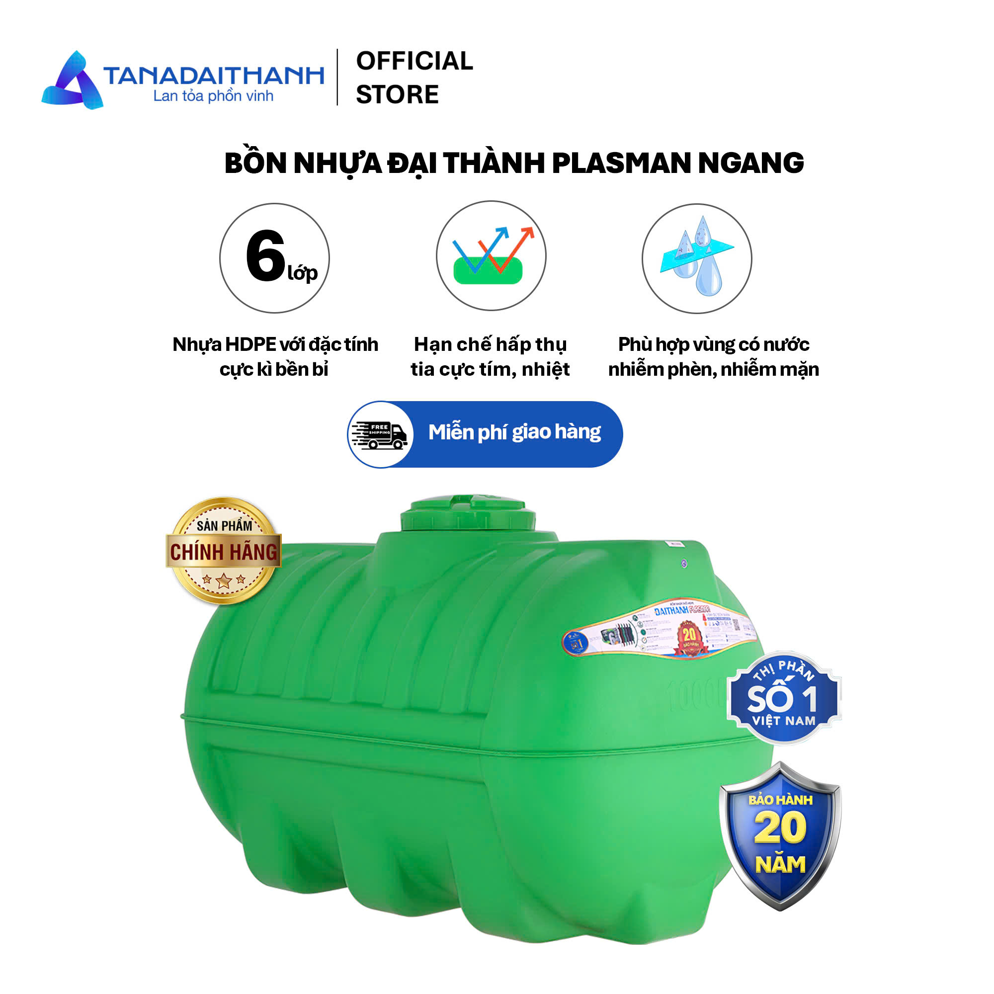 Bồn nước nhựa Tân Á Đại Thành Plasman Ngang 500L 1000L Chính Hãng, Bảo hành 20 năm