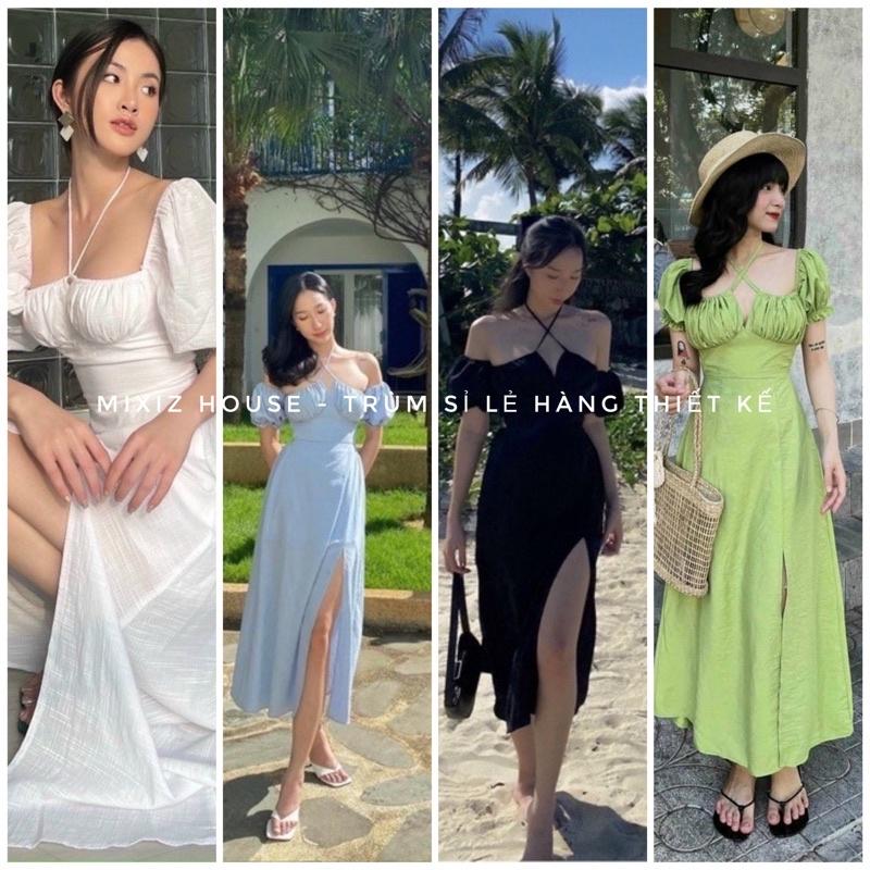 Đầm maxi đi biển mặc được 2 kiểu màu xanh đen
