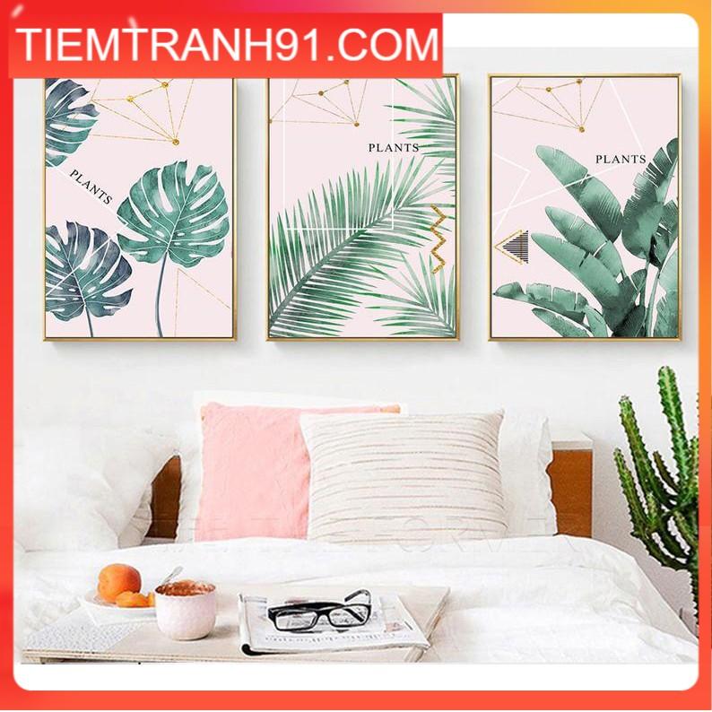 TRANH TREO TƯỜNG PHÒNG NGỦ - TIỆM TRANH 91 - Bộ 3 tranh canvas lá xanh mát trang trí phòng ngủ, NHẬN IN THEO YÊU CẦU