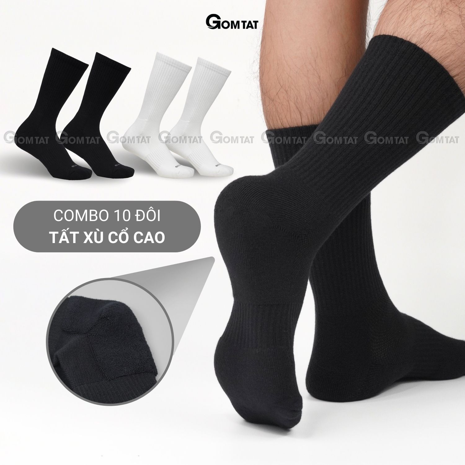 Combo 10 đôi tất nam nữ cao cổ GOMTAT, chất liệu cotton cao cấp, có đệm lót xù êm chân, giữ ấm - NGAN-STA-5009-CAO-CB10