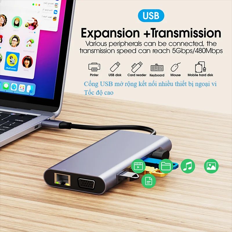 Hub Type C FIRO 11in1 - Hub Chuyển Đổi Type C To HDMI Chuẩn HDTV - 1 Cổng HDMI 4K, 1 Cổng VGA, 1 Cổng Mạng Lan, 1 Cổng Type C PD, 4 Cổng USB 3.0&amp;2.0, 2 Khe Đọc Thẻ TF/SD, 1 Cổng Audio - Kết Nối Tốc Độ Cao-Dùng Cho Smartphone/Laptop/PC/Tivi-Hàng Chính Hãng