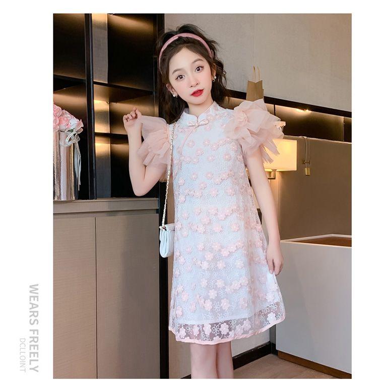SHUANGYAN Đầm sườn xám cho bé gái Trang phục mùa hè 2023 Phong cách phương Tây Thời trang Hanbok váy công chúa cho bé gái váy mùa hè