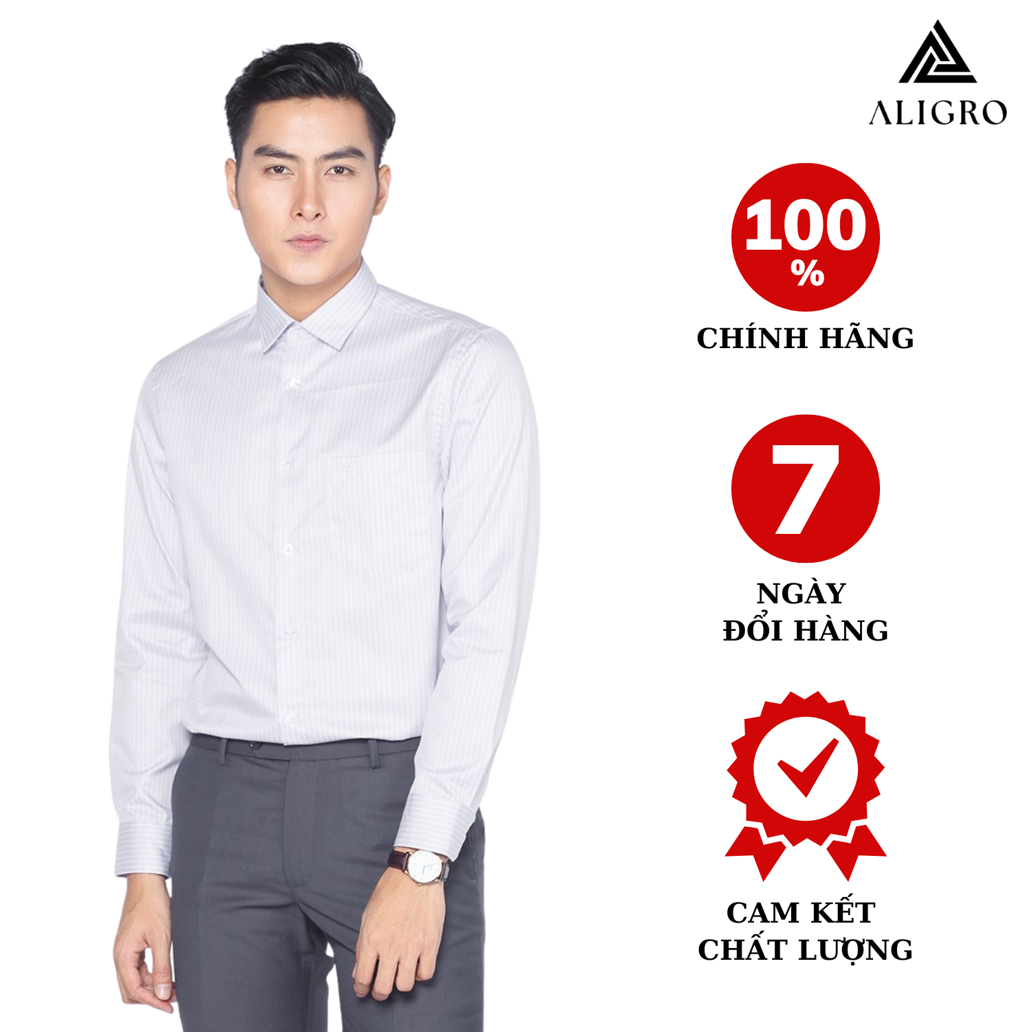 Áo sơ mi nam dài tay ALIGRO ghi sọc trắng,100% chất cotton, thoáng mát, thấm hút mồ hôi tốt, cổ bẻ dáng ôm body ALGS132