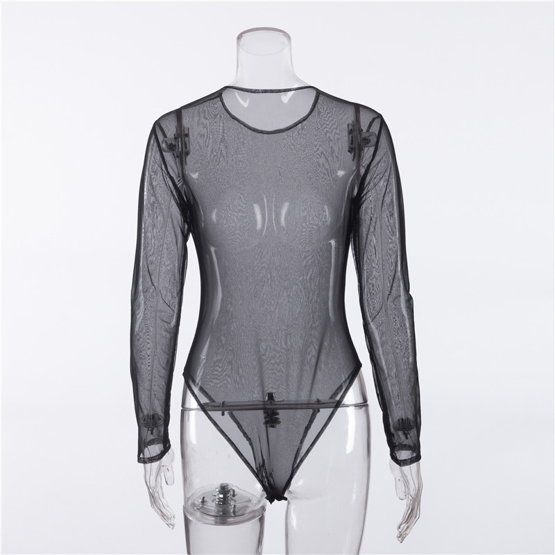 Bodysuit Dài Tay Ôm Body Cổ Tròn Lưới Xuyên Thấu cho Nữ