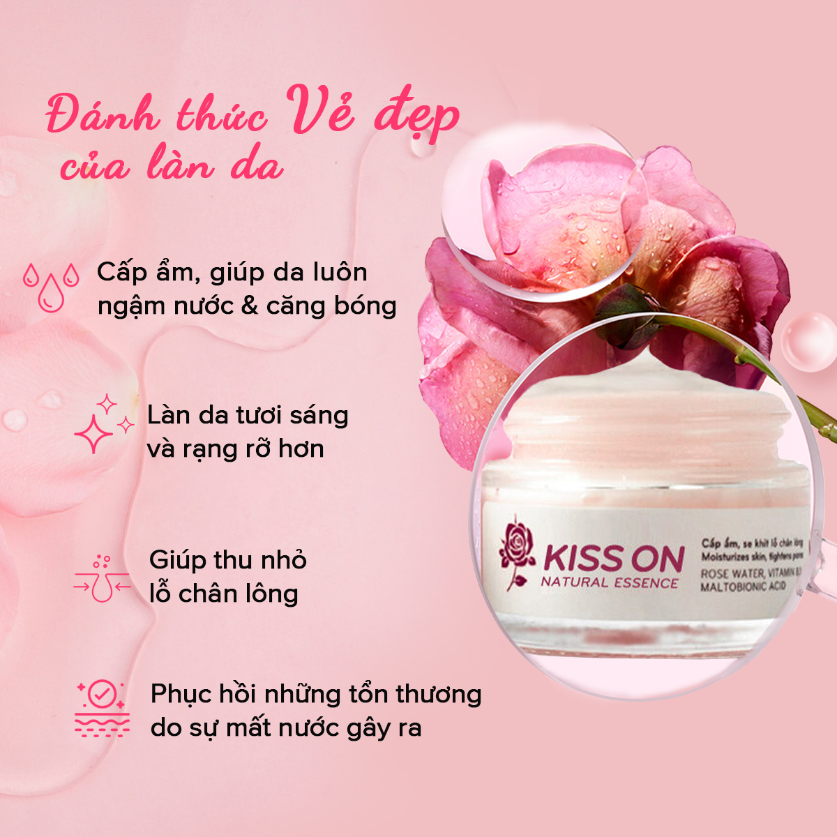 Mặt nạ ngủ hoa hồng KISS ON cấp ẩm chuyên sâu, phục hồi làn da, mờ thâm, giúp da sáng hồng rạng rỡ 30ml JN-KI-MN01