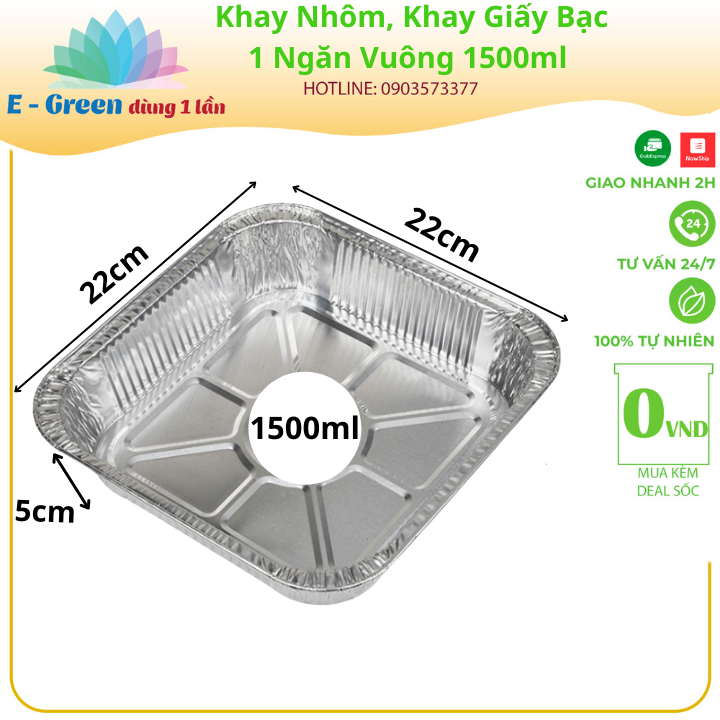 Combo 10-50 Khay Nhôm, Khay Giấy Bạc 1 Ngăn Vuông 1500ml Có Nắp, Đựng Thực Phẩm, Đồ Nướng Tiện Lợi - Egreen dùng 1 lần